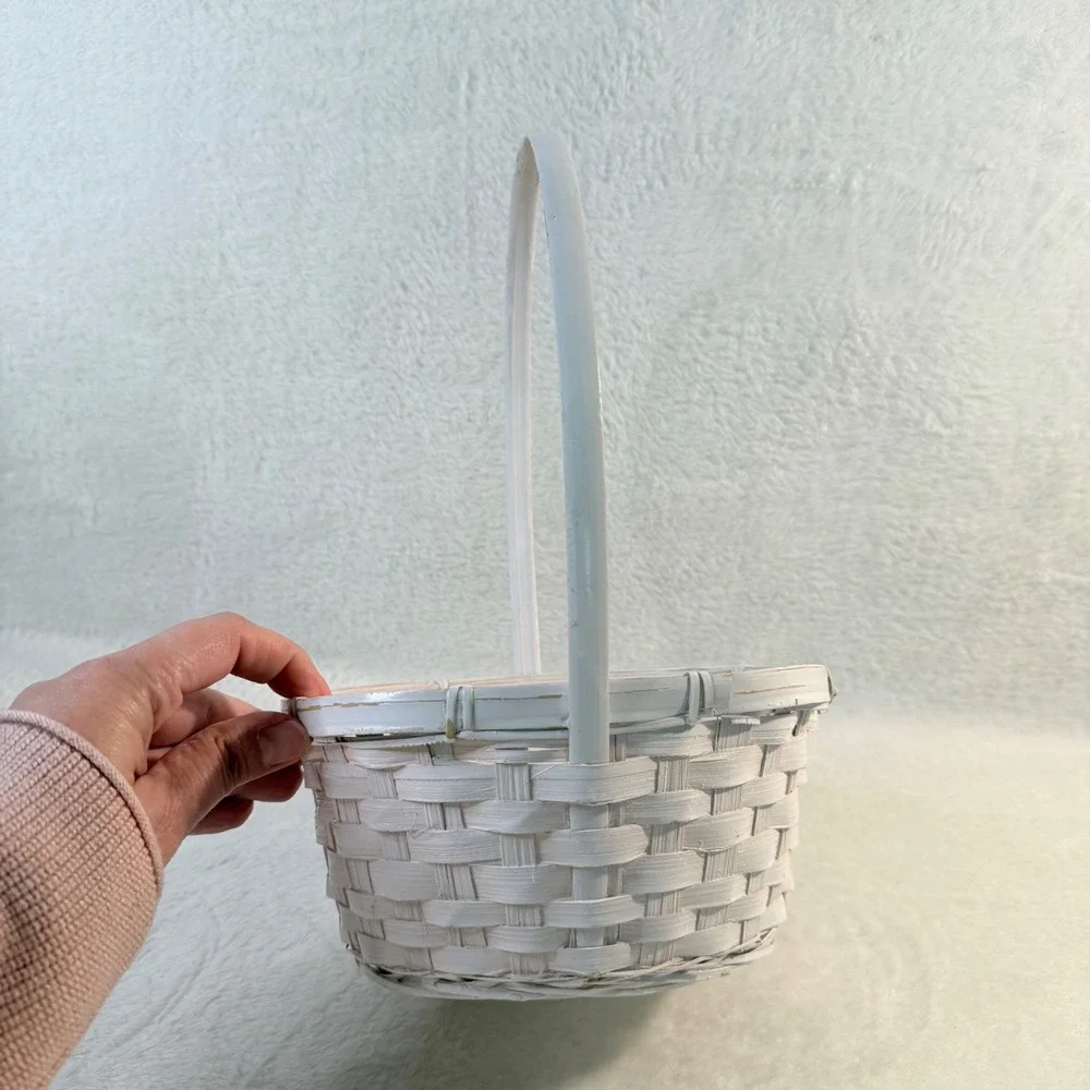 Unbranded Flower Girl Basket Kids Small White Woven Wicker Oval High Handle